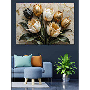 Altın Bronz Lale Buketi Dekoratif Kanvas - Mdf Ahşap Tablo 70x100 cm