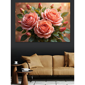 Pembe Tonlu Gül Buketi Dekoratif Kanvas - Mdf Ahşap Tablo 100x140 cm