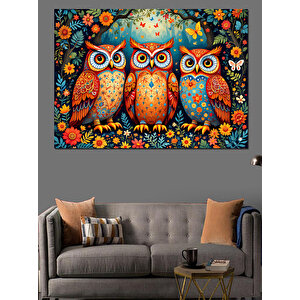 Renkli Baykuş Ailesi Dekoratif Kanvas - Mdf Ahşap Tablo 70x100 cm