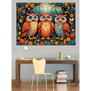 Renkli Baykuş Ailesi Dekoratif Kanvas - Mdf Ahşap Tablo 70x100 cm