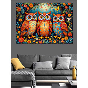 Renkli Baykuş Ailesi Dekoratif Kanvas - Mdf Ahşap Tablo 70x100 cm