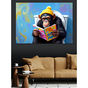 Kitap Okuyan Bere Takan Maymun Dekoratif Kanvas - Mdf Ahşap Tablo 50x70 cm
