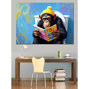 Kitap Okuyan Bere Takan Maymun Dekoratif Kanvas - Mdf Ahşap Tablo 100x140 cm