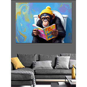 Kitap Okuyan Bere Takan Maymun Dekoratif Kanvas - Mdf Ahşap Tablo 100x140 cm