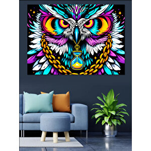 Renkli Baykuş Deseni Dekoratif Kanvas - Mdf Ahşap Tablo 70x100 cm
