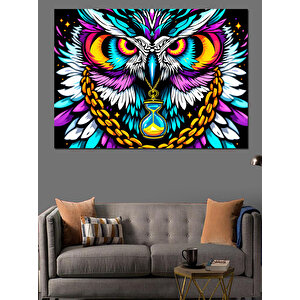 Renkli Baykuş Deseni Dekoratif Kanvas - Mdf Ahşap Tablo 70x100 cm
