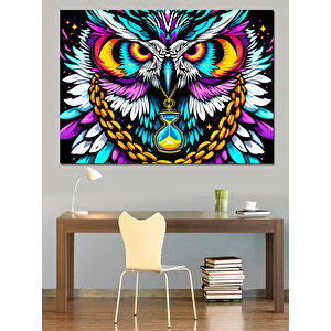 Renkli Baykuş Deseni Dekoratif Kanvas - Mdf Ahşap Tablo 70x100 cm