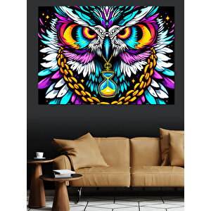 Renkli Baykuş Deseni Dekoratif Kanvas - Mdf Ahşap Tablo