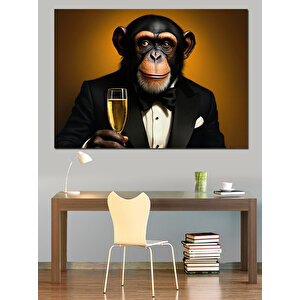 Kadehli Şık Maymun Dekoratif Kanvas - Mdf Ahşap Tablo 70x100 cm