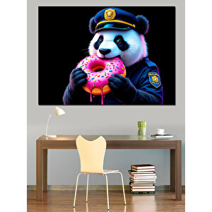 Donut Yiyen Panda Dekoratif Kanvas - Mdf Ahşap Tablo