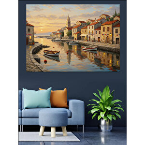 Deniz Kıyısında Renkli Kasaba Dekoratif Kanvas - Mdf Ahşap Tablo 100x140 cm