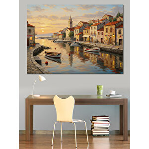 Deniz Kıyısında Renkli Kasaba Dekoratif Kanvas - Mdf Ahşap Tablo 100x140 cm