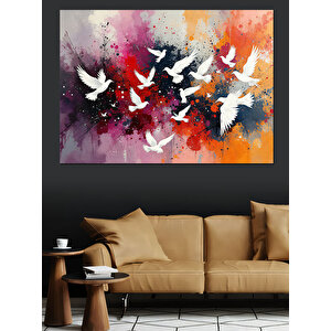 Renkli Uçan Güvercinler Dekoratif Kanvas - Mdf Ahşap Tablo