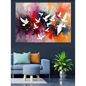 Renkli Uçan Güvercinler Dekoratif Kanvas - Mdf Ahşap Tablo 70x100 cm