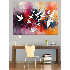 Renkli Uçan Güvercinler Dekoratif Kanvas - Mdf Ahşap Tablo 35x50 cm