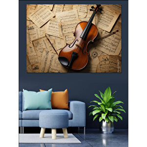 Eski Nota Üzerinde Keman Dekoratif Kanvas - Mdf Ahşap Tablo 100x140 cm