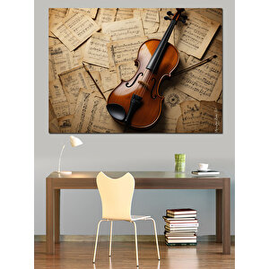 Eski Nota Üzerinde Keman Dekoratif Kanvas - Mdf Ahşap Tablo 100x140 cm