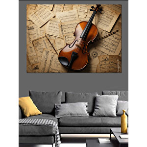 Eski Nota Üzerinde Keman Dekoratif Kanvas - Mdf Ahşap Tablo