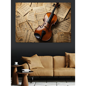 Eski Nota Üzerinde Keman Dekoratif Kanvas - Mdf Ahşap Tablo