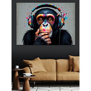 Kulaklıklı Düşünen Maymun Portresi Dekoratif Kanvas - Mdf Ahşap Tablo 50x70 cm