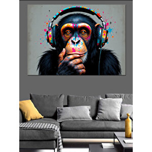 Kulaklıklı Düşünen Maymun Portresi Dekoratif Kanvas - Mdf Ahşap Tablo 35x50 cm