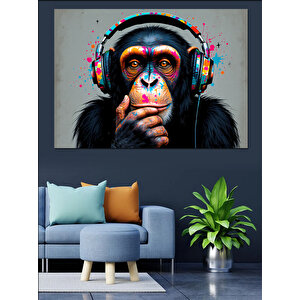 Kulaklıklı Düşünen Maymun Portresi Dekoratif Kanvas - Mdf Ahşap Tablo 35x50 cm