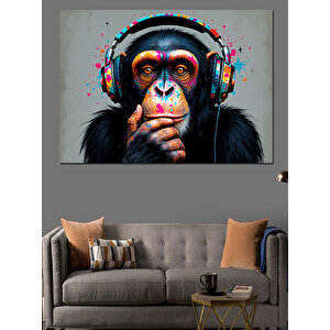 Kulaklıklı Düşünen Maymun Portresi Dekoratif Kanvas - Mdf Ahşap Tablo