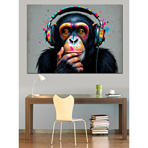 Kulaklıklı Düşünen Maymun Portresi Dekoratif Kanvas - Mdf Ahşap Tablo