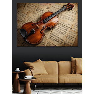 Nostaljik Keman Ve Nota Dekoratif Kanvas - Mdf Ahşap Tablo 100x140 cm