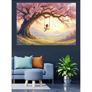 Pembe Ağaçta Salıncak Keyfi Dekoratif Kanvas - Mdf Ahşap Tablo 35x50 cm