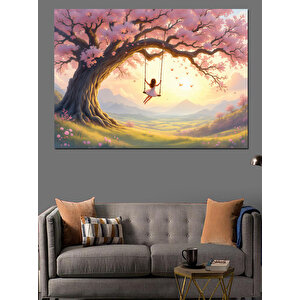 Pembe Ağaçta Salıncak Keyfi Dekoratif Kanvas - Mdf Ahşap Tablo 35x50 cm