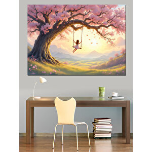 Pembe Ağaçta Salıncak Keyfi Dekoratif Kanvas - Mdf Ahşap Tablo 35x50 cm