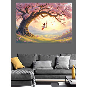 Pembe Ağaçta Salıncak Keyfi Dekoratif Kanvas - Mdf Ahşap Tablo