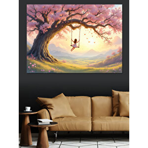Pembe Ağaçta Salıncak Keyfi Dekoratif Kanvas - Mdf Ahşap Tablo