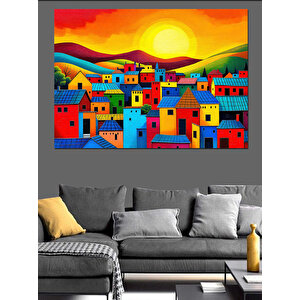 Renkli Küçük Evler Kasabası Dekoratif Kanvas - Mdf Ahşap Tablo 70x100 cm