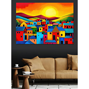 Renkli Küçük Evler Kasabası Dekoratif Kanvas - Mdf Ahşap Tablo 70x100 cm