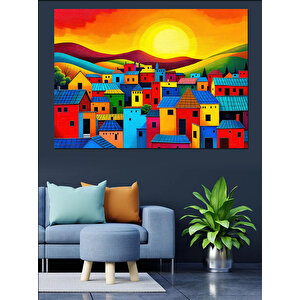 Renkli Küçük Evler Kasabası Dekoratif Kanvas - Mdf Ahşap Tablo 70x100 cm