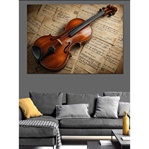 Nostaljik Keman Ve Nota Dekoratif Kanvas - Mdf Ahşap Tablo 35x50 cm