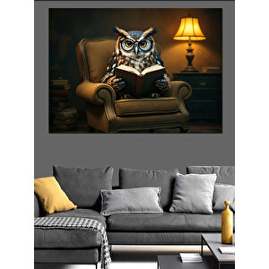 Kitap Okuyan Baykuş Dekoratif Kanvas - Mdf Ahşap Tablo 70x100 cm