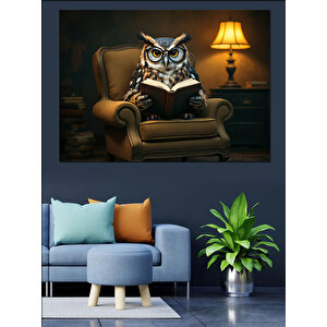Kitap Okuyan Baykuş Dekoratif Kanvas - Mdf Ahşap Tablo 70x100 cm