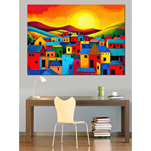 Renkli Küçük Evler Kasabası Dekoratif Kanvas - Mdf Ahşap Tablo
