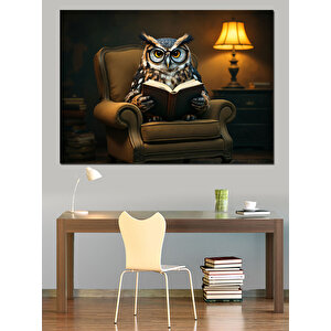 Kitap Okuyan Baykuş Dekoratif Kanvas - Mdf Ahşap Tablo