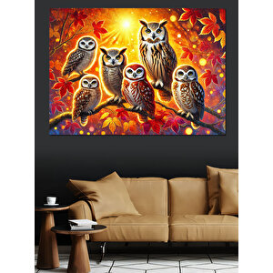 Sonbahar Temalı Baykuşlar Dekoratif Kanvas - Mdf Ahşap Tablo 70x100 cm
