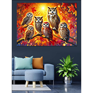 Sonbahar Temalı Baykuşlar Dekoratif Kanvas - Mdf Ahşap Tablo 70x100 cm