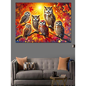 Sonbahar Temalı Baykuşlar Dekoratif Kanvas - Mdf Ahşap Tablo 70x100 cm