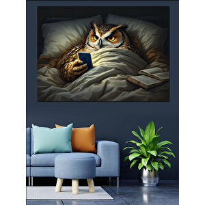 Yatakta Telefon Ve Baykuş Dekoratif Kanvas - Mdf Ahşap Tablo 35x50 cm