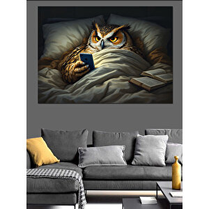 Yatakta Telefon Ve Baykuş Dekoratif Kanvas - Mdf Ahşap Tablo