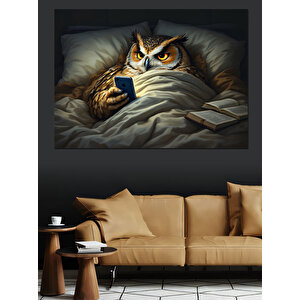 Yatakta Telefon Ve Baykuş Dekoratif Kanvas - Mdf Ahşap Tablo