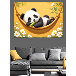 Bambu Ve Mutlu Panda Dekoratif Kanvas - Mdf Ahşap Tablo 70x100 cm