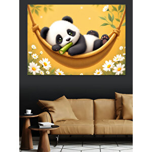 Bambu Ve Mutlu Panda Dekoratif Kanvas - Mdf Ahşap Tablo 70x100 cm